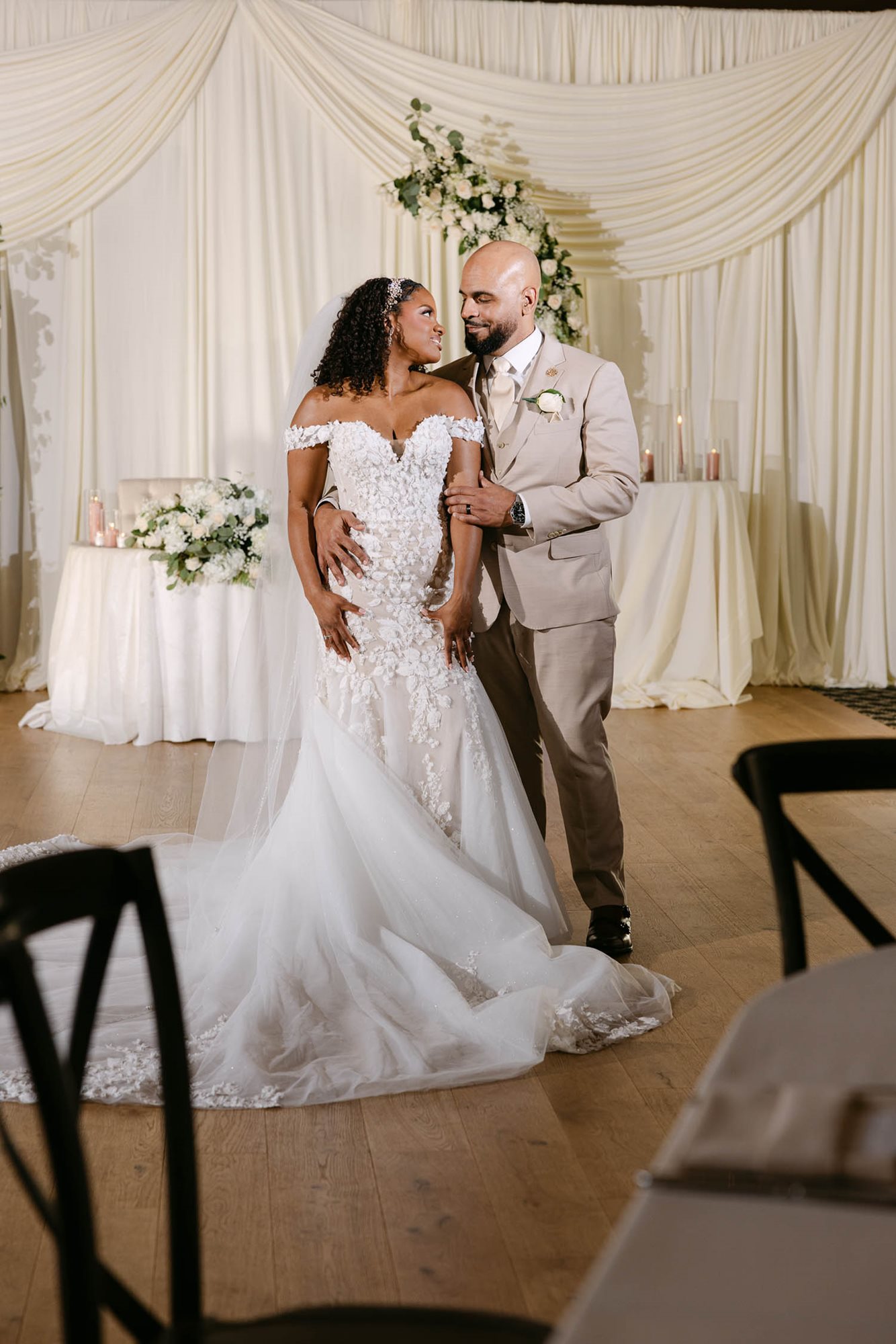 Bride and Groom First Look in Hollow Brook Ballroom