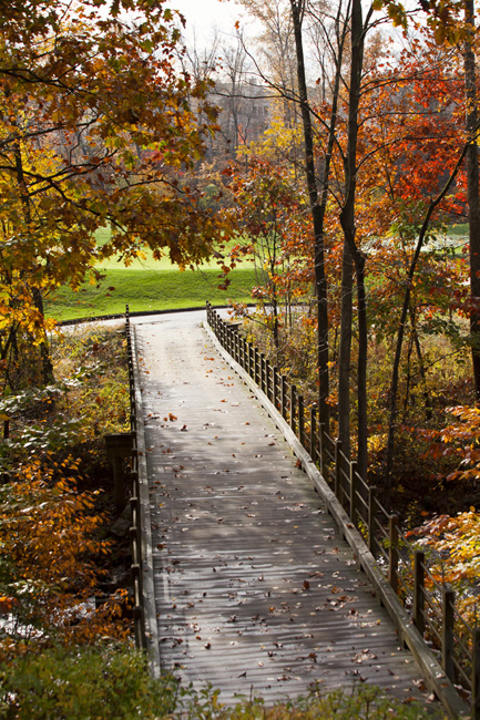 A wooden bridge surrounded by trees in the fall season at Hollow Brook Golf Club in Cortlandt Manor