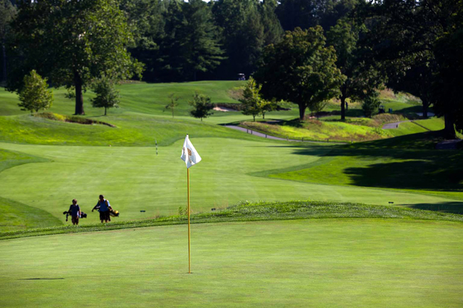 A golf course with greenery all around and a white color flag at Hollow Brook Golf Club in Cortlandt